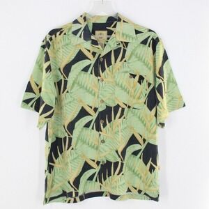 Joe Marlin Hawaiian Shirt Tropical Leaf Print Size Large Green Black